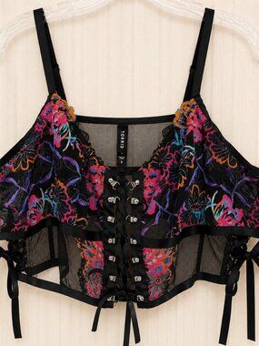 Torrid Floral Lace Up Longline Bralette Wire Free Mesh Lace Bra NWOT Size 3